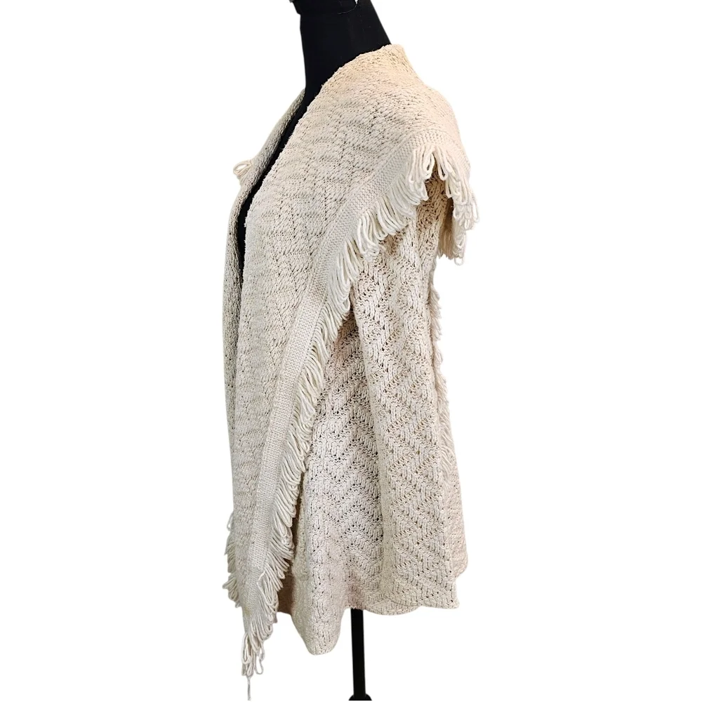 Angel of the North Fringe Cardigan Ivory Knit Boho Chevron Open Front Sweater M
